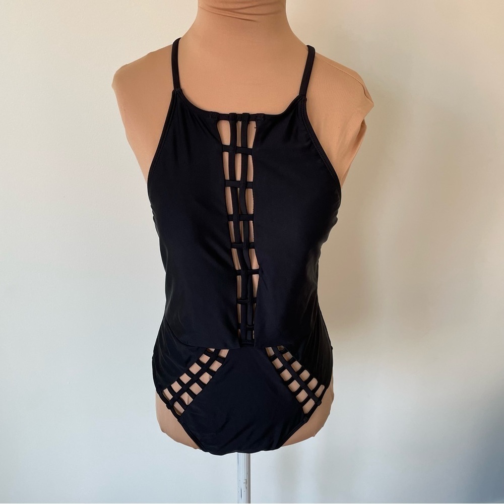 Xhilaration Black Tie Back Strap Crochet Cutout One Piece Bathing Suit EUC Sz M